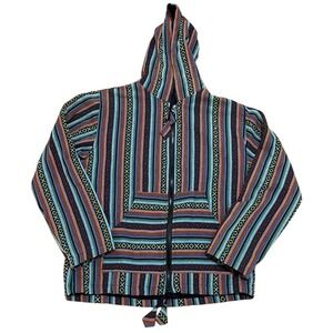Striped Baja Zip Up‎ Men's M Jacket Festival Hippie Boho Pouch Pocket Colorful
